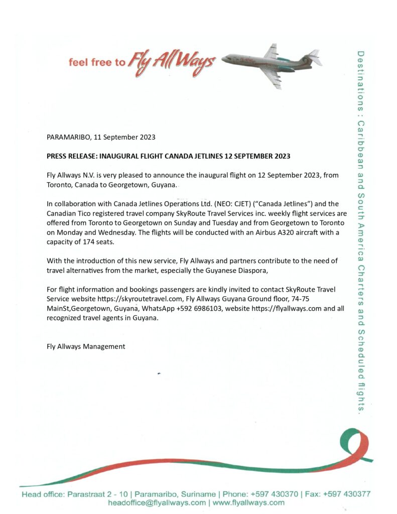 FLY ALLWAYS PRESS RELEASE INAUGURAL FLIGHT YYZ GEO 12 SEP 23_page-0001